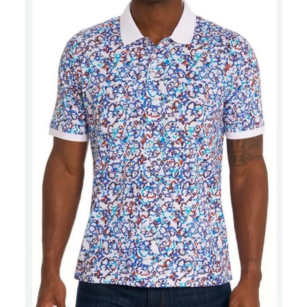 Men's White & Blue Floral Print Polo Shirt